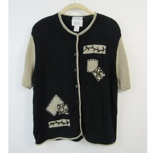Christopher & Banks Large Hand Embroidered Tan Black Short Sleeve Cardigan Wool